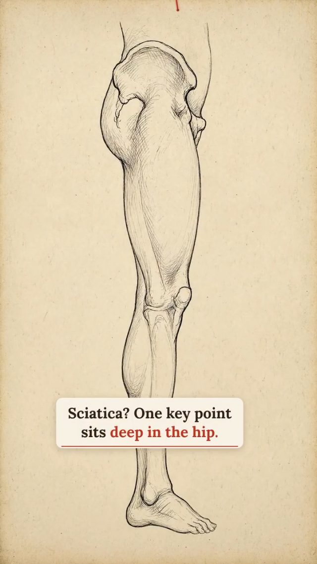 Acupressure point for sciatica and hip pain: GB30, deep in the hip.